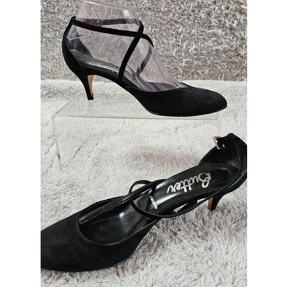 BUTTER Italian Suede Crisscross Ankle Strap Kitten Heels Black Womens 7
